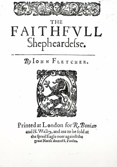 Titelsida till The Faithfull Shepherdess av John Fletcher, ca 1609 (tryck) av English School