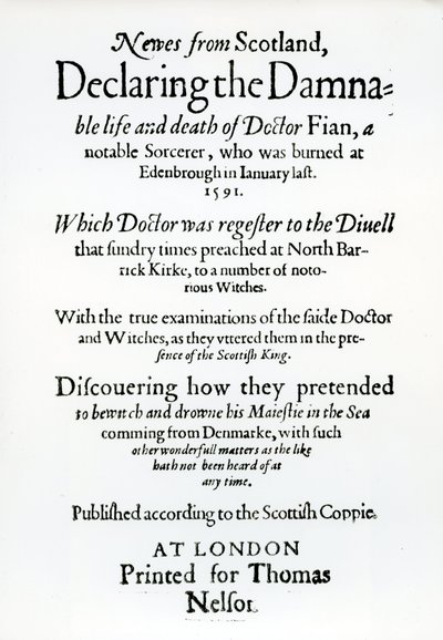 Titelsida Nyheter från Skottland, Declaring the Damnable life and death of Dr Fian, 1591 av English School