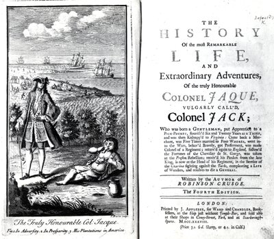 Titelsida och frontispice för historien om den verkligt ärade överste Jaques mest anmärkningsvärda liv och extraordinära äventyr av Daniel Defoe, 1738 av English School