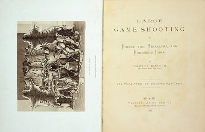 Titelsida och framsida av Storviltsskytte i Tibet, Himalaya och norra Indien av överste Alexander Kinloch, publicerad 1885 av English School