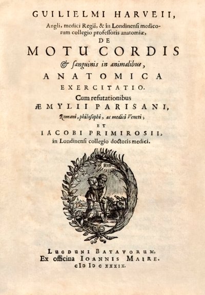 Titelsida från "De Motu Cordis set Sanguinis in Animalibus" (Hjärtats och blodets rörelse hos levande varelser) av William Harvey (1578-1657), utgiven 1628. av English School