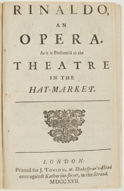 Titelsida från librettot av Händels opera "Rinaldo", av Giacomo Rossi, 1717 av English School