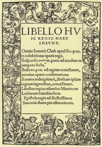 Titelsidan för Henrik VIIIs försvar av den romersk-katolska tron av English School