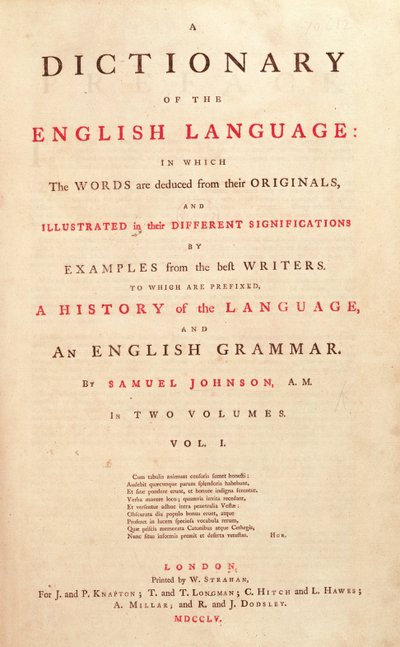 Titelsidan för Johnsons Dictionary of the Human Language London, 1755 av English School
