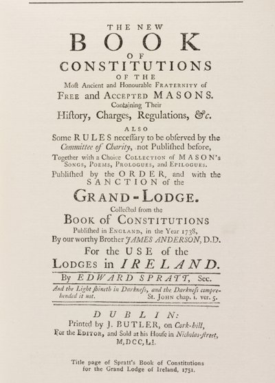 Titelsidan av Spratts Book of Constitutions for the Grand Lodge in Ireland, 1751 av English School