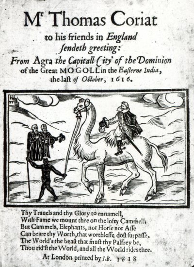 Titelsidan för Thomas Coryats postumt tryckt berättelse om hans resor i Indien, publicerad i London, 1618 (tryckt papper & träsnitt) av English School