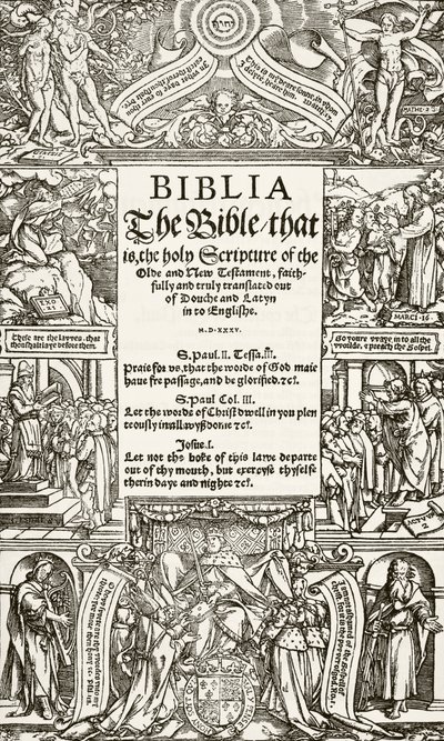 Titelsidan av Coverdale Bible, tryckt 1535, från The National and Domestic History of England av William Hickman Smith Aubrey (1858-1916) publicerad i London, ca 1890 av English School