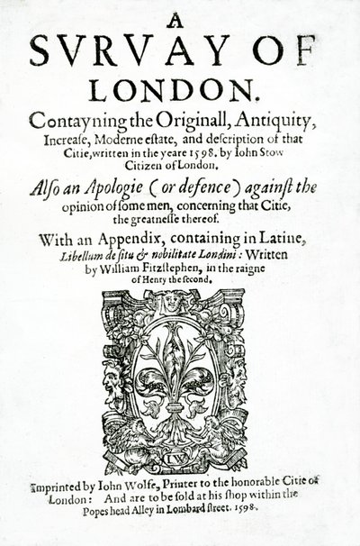 Titelsida till A Survey of London av John Stow, publicerad 1598 (tryckt papper) av English School