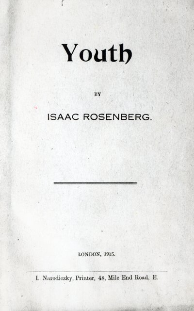 Titelsida till Youth, en diktsamling av Isaac Rosenberg, första upplagan 1915 (tryckt) av English School
