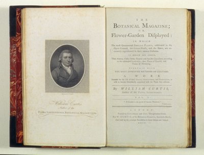 Titelsida med porträtt av William Curtis (1749-99), från The Botanical Magazine or Flower-Garden Displayed, av William Curtis, publicerad 1790 av English School