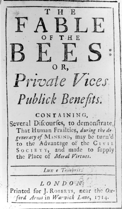Titelsida till The Fable of the Bees av Bernard de Mandeville, 1714 av English School