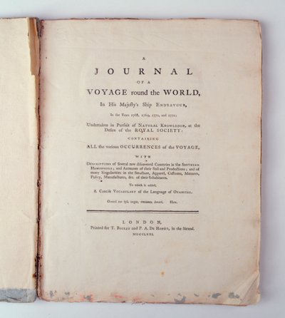 Titelsida för A Journal of a Voyage Around the World in His Majestys Ship Endeavour under åren 1768, 1779, 1770 och 1771, publicerad i London, 1771 (tryckt) av English School
