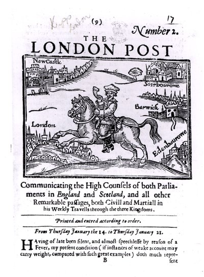 Titelsida för "The London News", som kommunicerar de höga råden från båda parlamenten i England och Skottland av English School