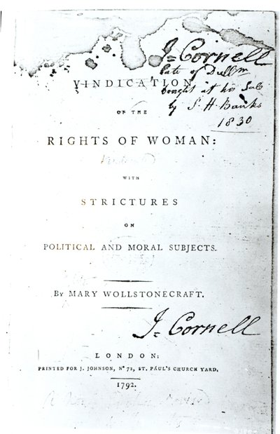 Titelsida för Vindication of the Rights of Woman av Mary Wollstonecraft, publicerad 1792 av English School