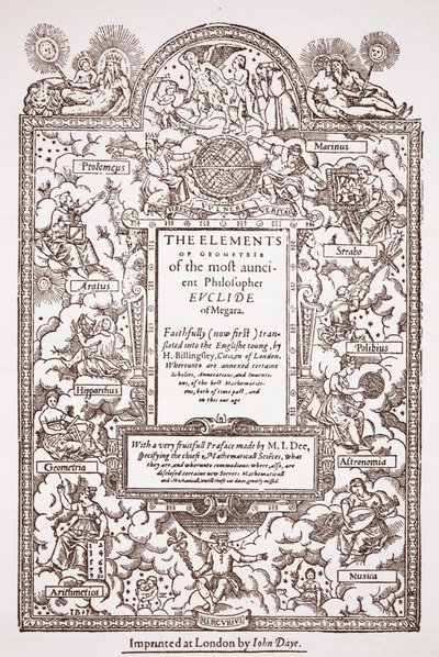 Titelsida för tidig översättning av Euklids element, tryckt av John Day, London, 1570-71 av English School