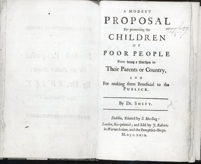 Titelsida till A Modest Proposal av Jonathan Swift, publicerad 1729 (tryckt) av English School