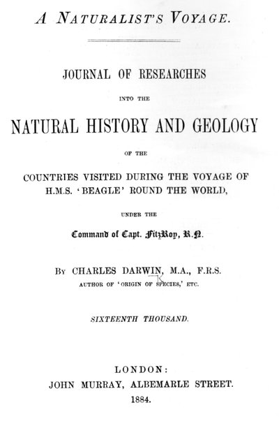 Titelsida till A Naturalists Voyage Around the World av Charles Darwin, upplaga publicerad 1884 (tryckt papper) av English School