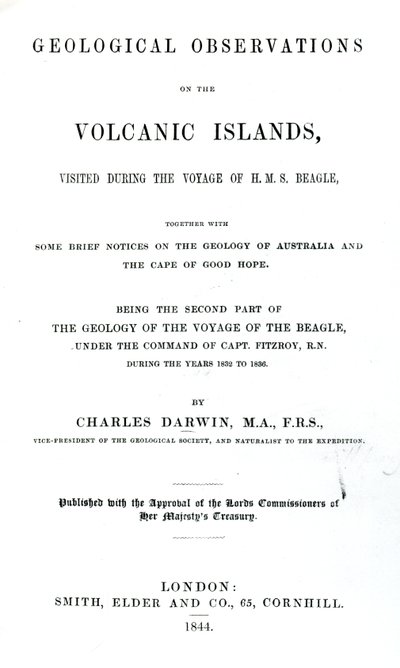 Titelsida till Geological Observations on the Volcanic Islands av Charles Darwin, 1844 (tryckt papper) av English School