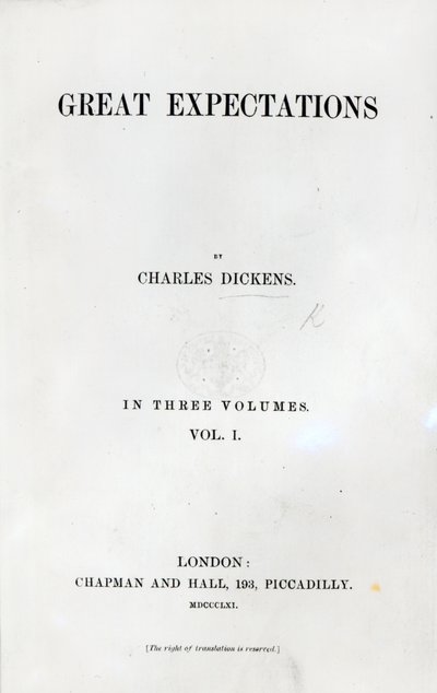 Titelsida till Great Expectations av Charles Dickens, första upplagan, 1861 (tryck) av English School