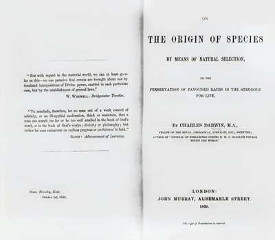 Titelsida till On the Origin of Species av Charles Darwin, publicerad 1859 av English School
