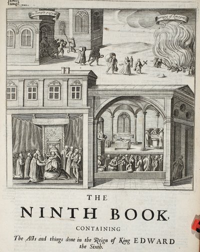 Titelsida till den nionde boken, illustration från Acts and Monuments av John Foxe, nionde upplagan, pub. 1684 av English School
