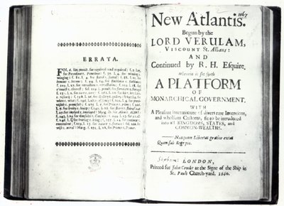 Titelsidor till Francis Bacons New Atlantis, utgåva publicerad 1660 (tryck) av English School