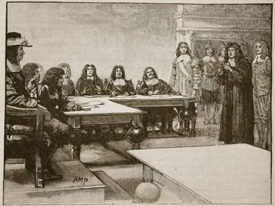 Titus Oates inför Privy Council, illustration från Cassells Illustrated History of England (sepiafoto) av English School