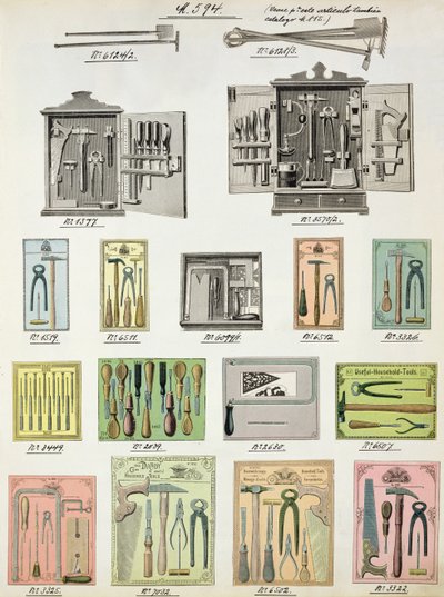 Verktyg och verktygslådor från en handelskatalog över inhemska varor och beslag, ca 1890-1910 av English School