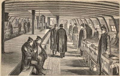 Toppdäck på Unite-sjukhusets skepp, fäst vid hulken i Woolwich, illustration från The Criminal Prisons of London och Scenes from Prison Life av Henry Mayhew och John Binny, pub. 1862 (gravyr av English School