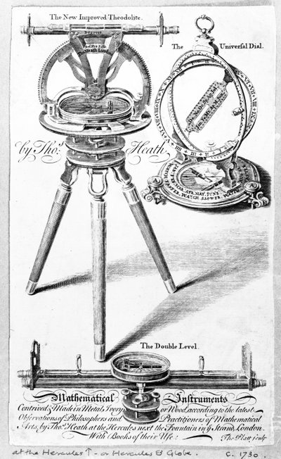 Byteskort för Thomas Heath, tillverkare av matematiska instrument, tryck gjort av Thomas Platt, ca 1730 av English School
