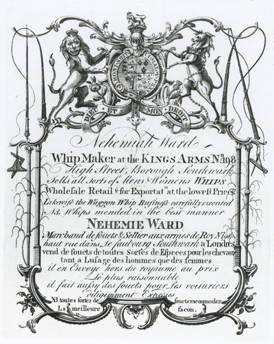 Byteskort för Nehemiah Ward, Southwark whipmaker av English School
