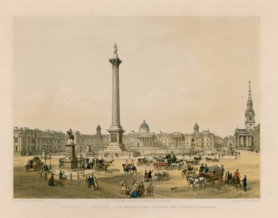 Trafalgar Square med National Gallery och St Martins Church av English School