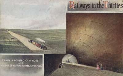 Tåg korsar Chat Moss och Interior of Wapping Tunnel, Liverpool av English School
