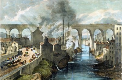 Tåg korsar Stockportviadukten på London  North Western Railway, ca 1845 (färglitografi) av English School