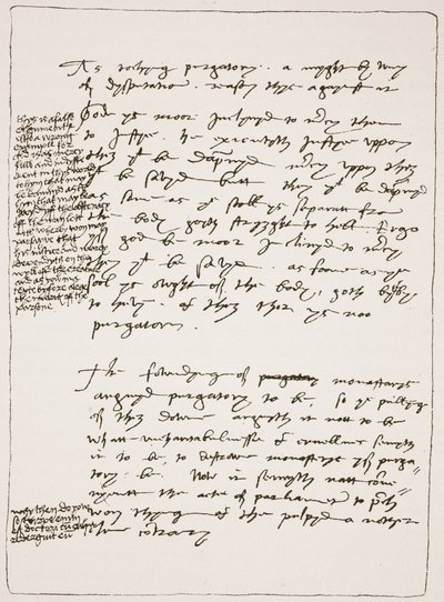 Avhandling av Latimer i hans egen handstil, som bestrider doktrinen om transsubstantiation, med marginalanteckningar i Henry VIIIs skrift, från The Church of England: A History for the People av H.D.M. Sp av English School