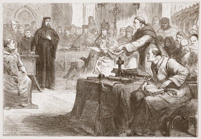 Trial of Wicliffe, illustration från The History of Protestantism av James Aitken Wylie (1808-1890), pub. 1878 av English School