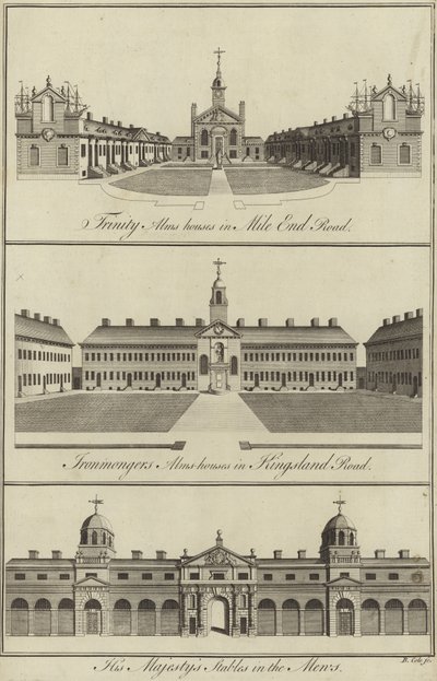 Trinity Almshouses i Mile End Road, Ironmongers Almshouses i Kingsland Road och His Majestys Stables in the Mews, London av English School