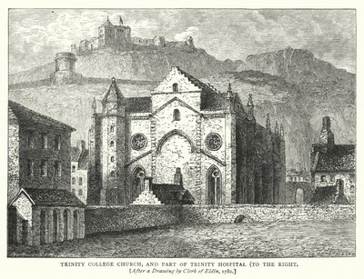 Trinity College Church, och en del av Trinity Hospital, till höger (gravyr) av English School