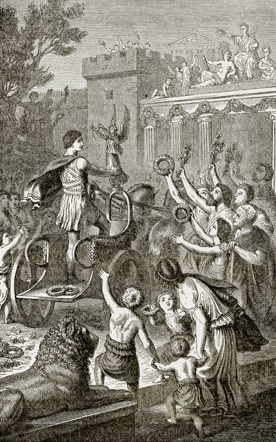 Triumfåterkomst av en olympisk segrare, illustration från The Illustrated History of the World publicerad av Ward Lock, ca 1880 av English School