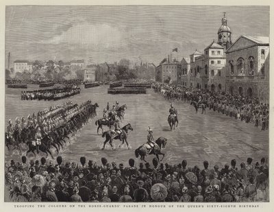 Trooping the Colors on the Horse-Guards"-parad för att hedra drottningens sextioåtta födelsedag av English School