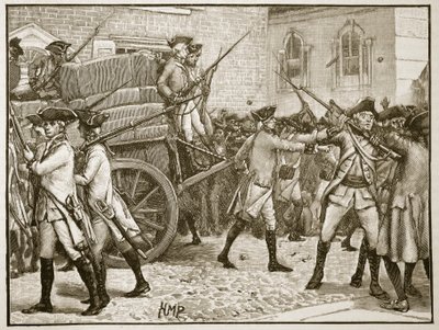 Trupper som eskorterar det stämplade papperet till stadshuset, New York, 1766, illustration från Cassells Illustrated History of England (sepiafoto) av English School