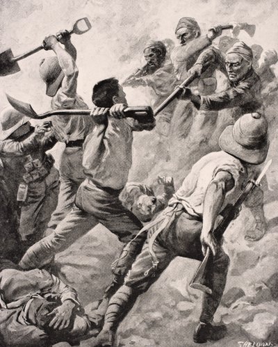 Turkiska och brittiska soldater i hand-till-hand-strid på Gallipolihalvön Turkiet 1915, från 