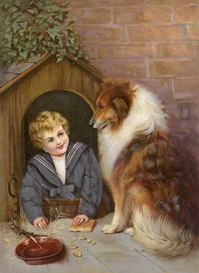 Turned Out - Pojke som låtsas vara colliehund (färglitografi) av English School