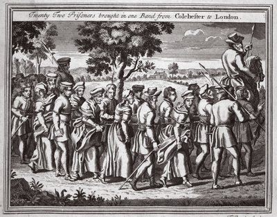 Tjugotvå fångar tog in ett band från Colchester till London, illustration från Foxes Martyrs c.1703 av English School