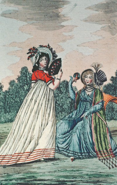 Två fashionabla damer i en trädgård, ca 1800 (färggravyr) av English School