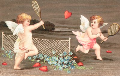 Två keruber som spelar tennis med ett hjärta för en boll av English School