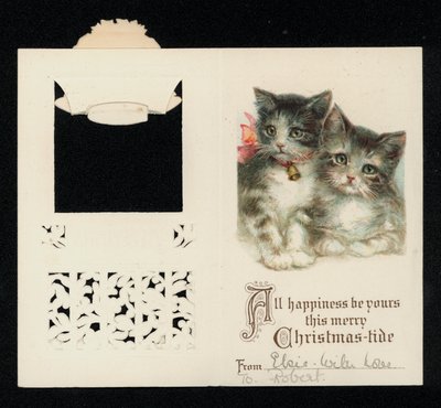 Två kattungar, julhälsningskort. (chromolitho) av English School