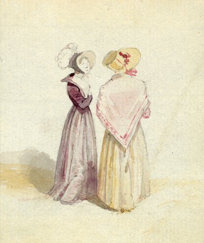 Två kvinnor i huvar, ca 1825 (wc på papper) av English School