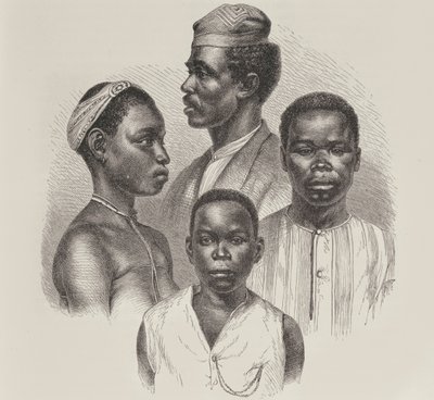 Typer från Loango Coast, från mänsklighetens historia, vol. III, av prof. Friedrich Ratzel, 1898 av English School
