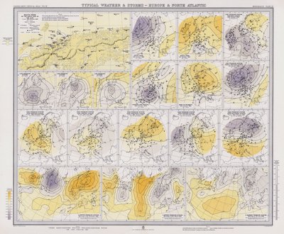 Typiska väderförhållanden och stormar, Europa och Nordatlanten (färglitografi) av English School